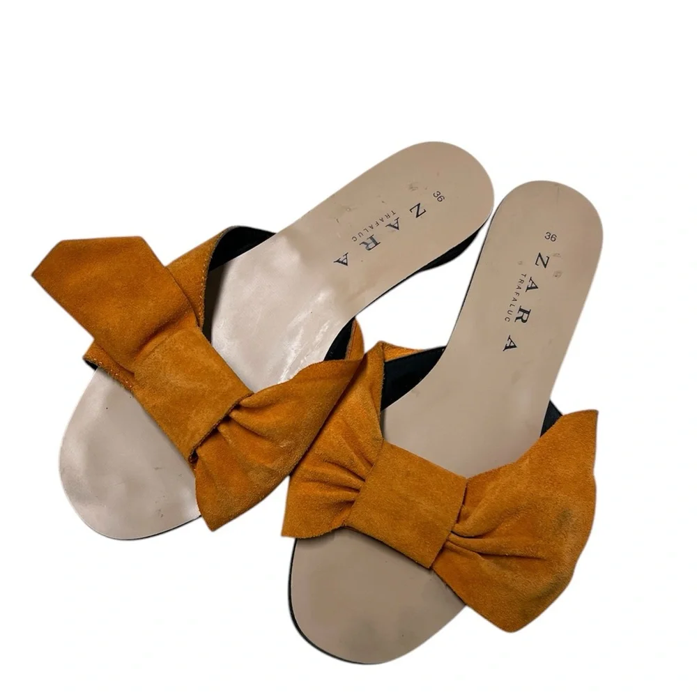 Zara Orange suede Bow slide Sandals sz 36 - Picture 2 of 8